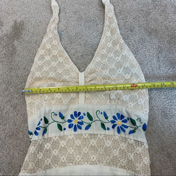 Vintage ‘70s Embroidered Gauze Pixie Hem Floral Crochet Halter Mexican Dress - Picture 12 of 14